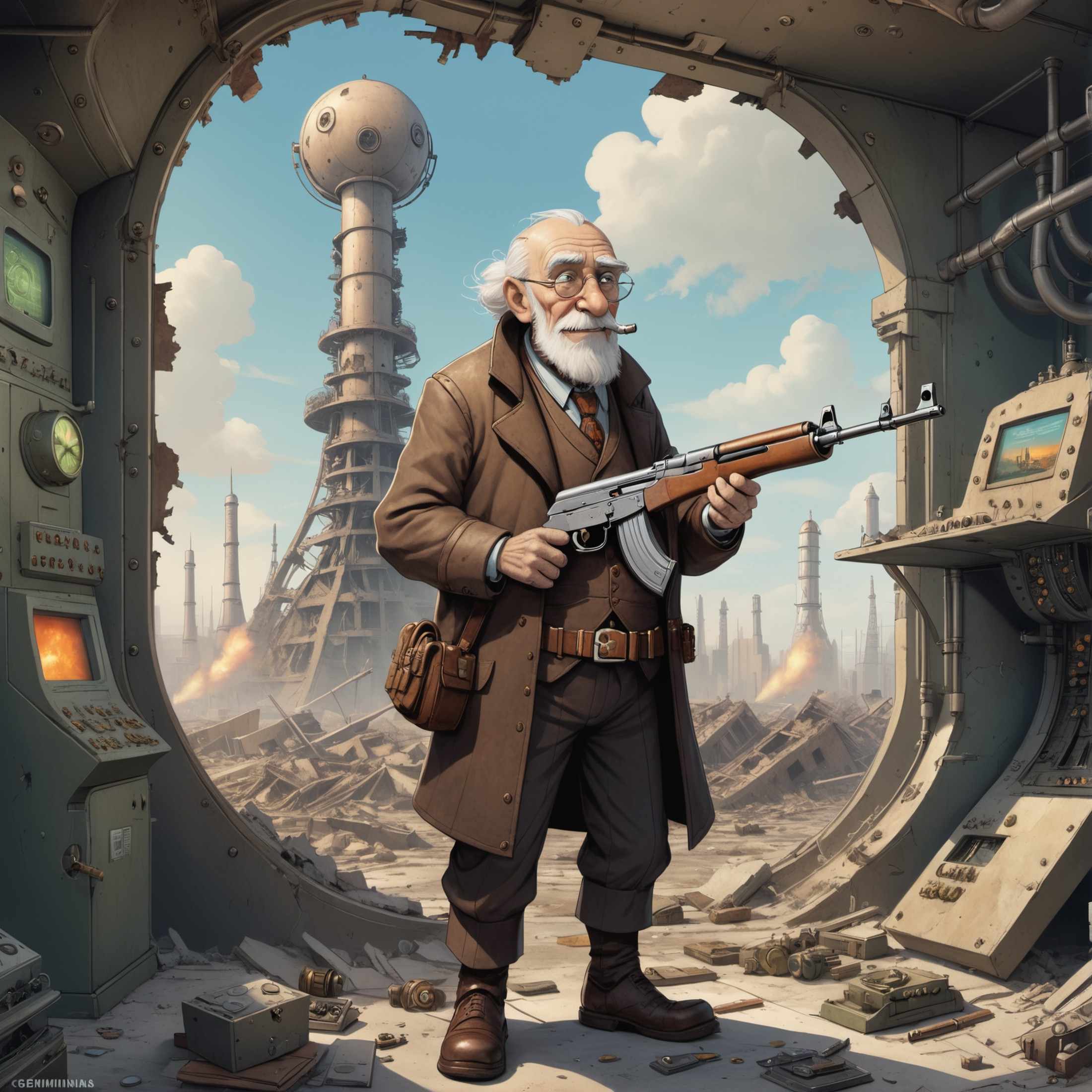 of an old man holding a ak47 in a destroyed city after a nuclear blast, steampunk happy Funny cartoonish at a complex nucl...